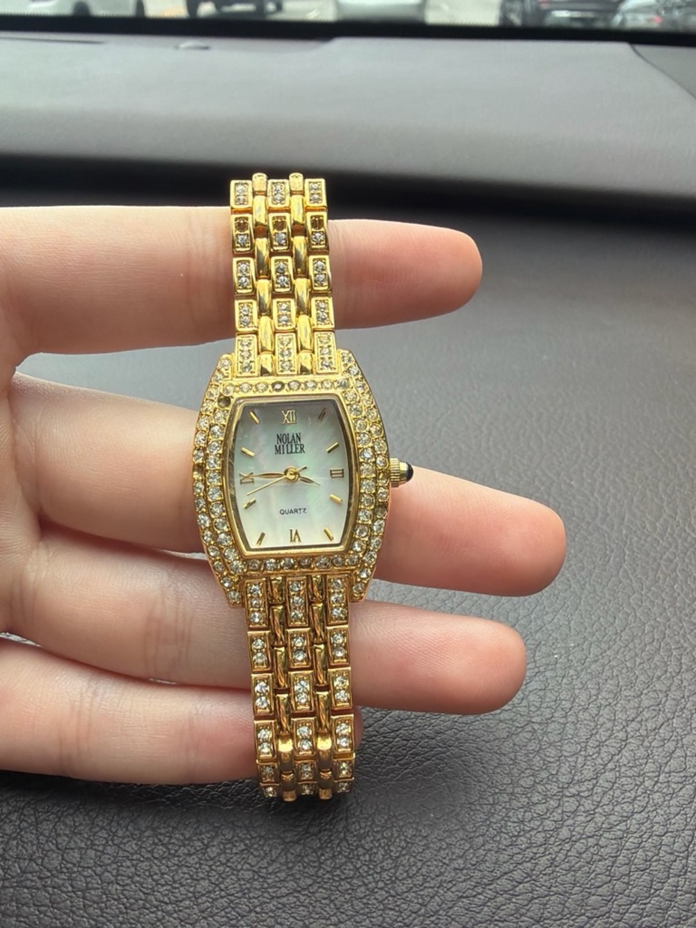 Nolan Miller Gold-Tone Crystal Bracelet Watch with Mother-of-Pearl Dial